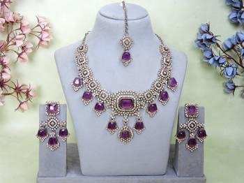 Purple yellow gold premium designer american diamond and stone work necklace set 1