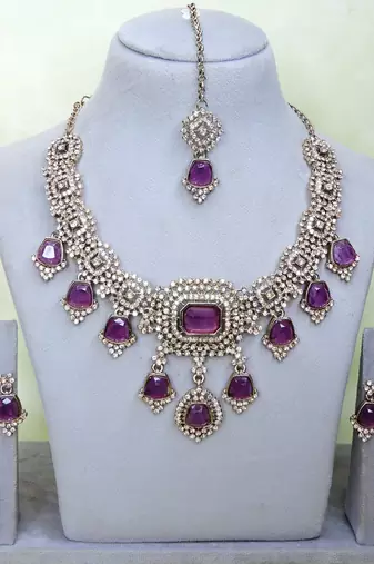 Purple yellow gold premium designer american diamond and stone work necklace set