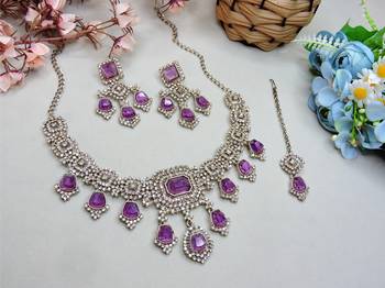 Purple yellow gold premium designer american diamond and stone work necklace set 2