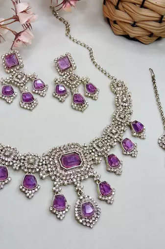 Purple yellow gold premium designer american diamond and stone work necklace set