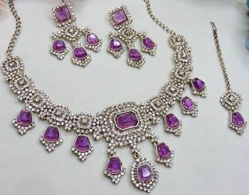 Purple yellow gold premium designer american diamond and stone work necklace set 3