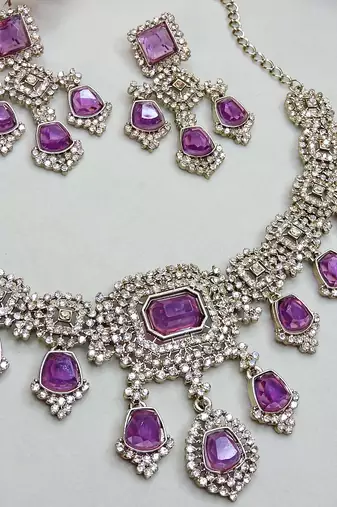Purple yellow gold premium designer american diamond and stone work necklace set