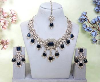 Blue yellow gold premium designer american diamond and stone work necklace set 1