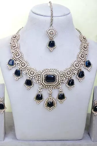 Blue yellow gold premium designer american diamond and stone work necklace set