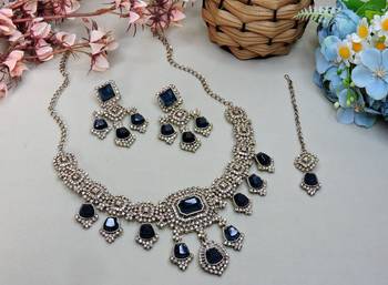 Blue yellow gold premium designer american diamond and stone work necklace set 2