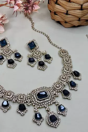 Blue yellow gold premium designer american diamond and stone work necklace set