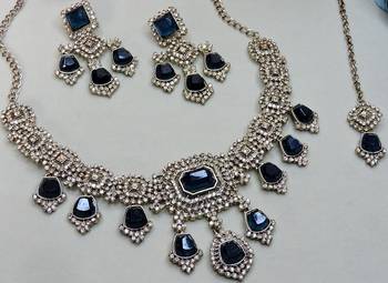 Blue yellow gold premium designer american diamond and stone work necklace set 3