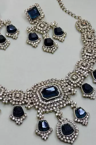 Blue yellow gold premium designer american diamond and stone work necklace set
