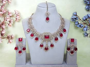 Pink yellow gold premium designer american diamond and stone work necklace set 1