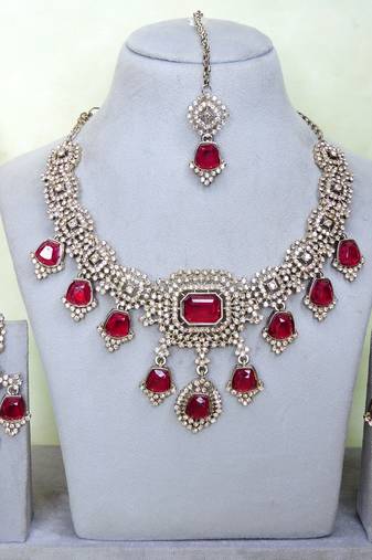 Pink yellow gold premium designer american diamond and stone work necklace set