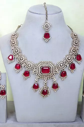 Pink yellow gold premium designer american diamond and stone work necklace set
