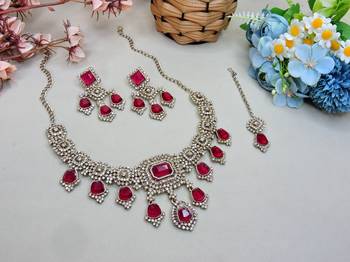 Pink yellow gold premium designer american diamond and stone work necklace set 2