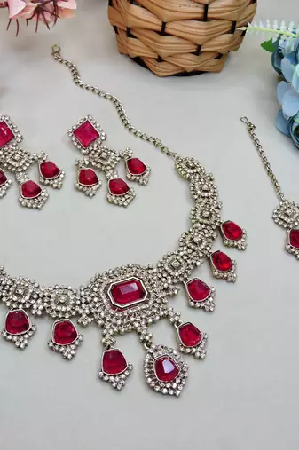 Pink yellow gold premium designer american diamond and stone work necklace set