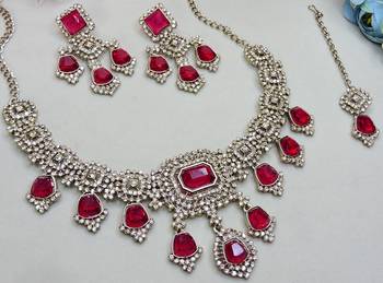 Pink yellow gold premium designer american diamond and stone work necklace set 3