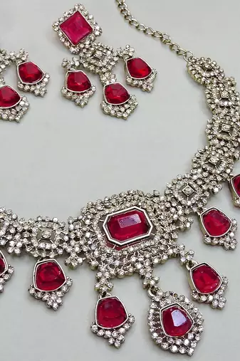 Pink yellow gold premium designer american diamond and stone work necklace set