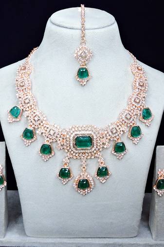 Green rose gold premium designer american diamond and stone work necklace set