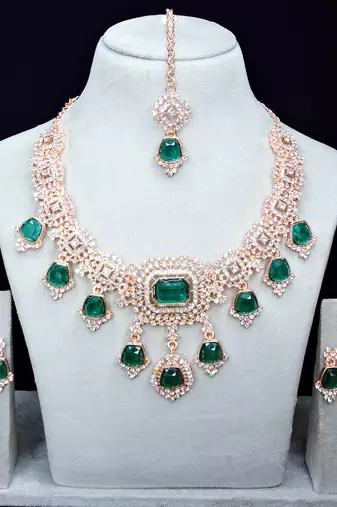Green rose gold premium designer american diamond and stone work necklace set