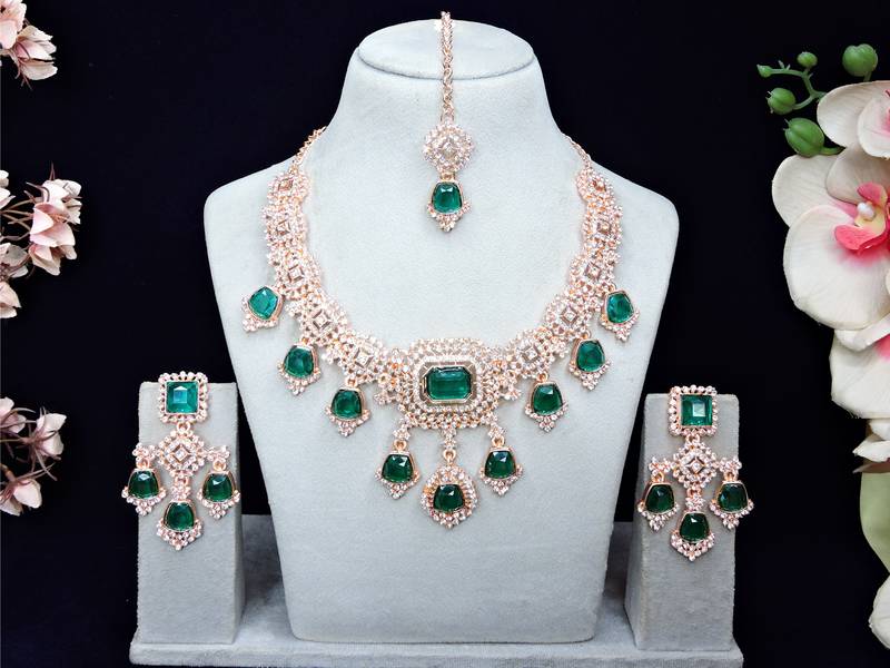 Green rose gold premium designer american diamond and stone work necklace set