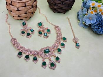 Green rose gold premium designer american diamond and stone work necklace set 2