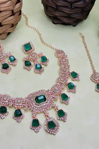 Green rose gold premium designer american diamond and stone work necklace set