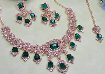 Green rose gold premium designer american diamond and stone work necklace set 3