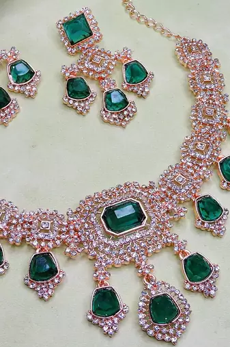 Green rose gold premium designer american diamond and stone work necklace set