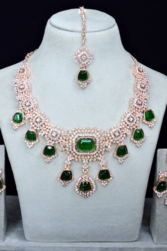Green rose gold premium designer american diamond and stone work necklace set