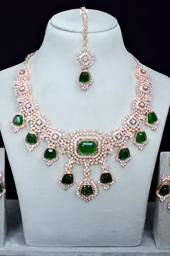 Green rose gold premium designer american diamond and stone work necklace set
