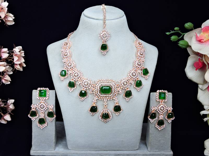 Green rose gold premium designer american diamond and stone work necklace set