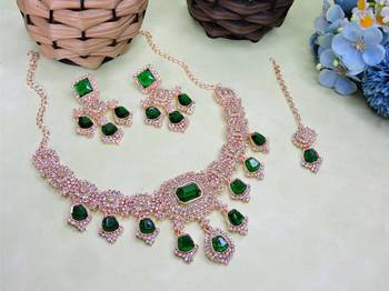 Green rose gold premium designer american diamond and stone work necklace set 2