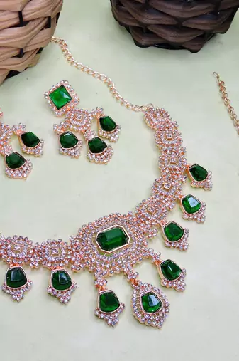 Green rose gold premium designer american diamond and stone work necklace set