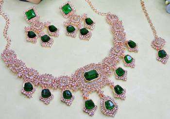 Green rose gold premium designer american diamond and stone work necklace set 3