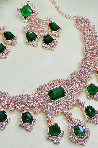 Green rose gold premium designer american diamond and stone work necklace set
