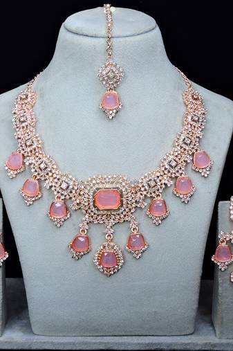 Purple rose gold premium designer american diamond and stone work necklace set
