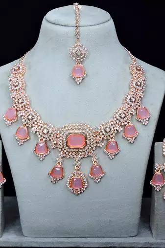 Purple rose gold premium designer american diamond and stone work necklace set