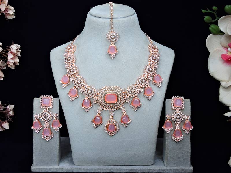 Purple rose gold premium designer american diamond and stone work necklace set