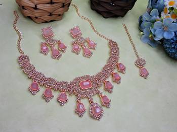 Purple rose gold premium designer american diamond and stone work necklace set 2