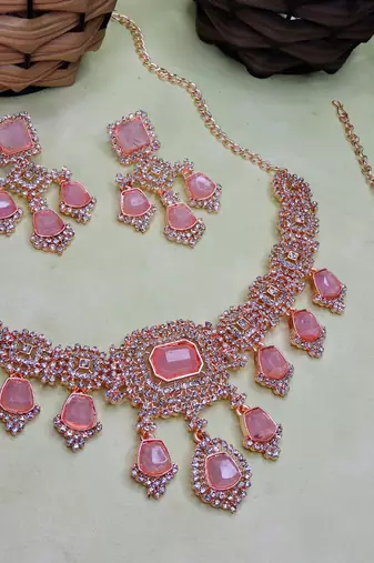 Purple rose gold premium designer american diamond and stone work necklace set