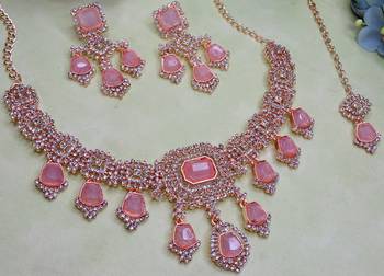 Purple rose gold premium designer american diamond and stone work necklace set 3