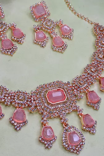 Purple rose gold premium designer american diamond and stone work necklace set