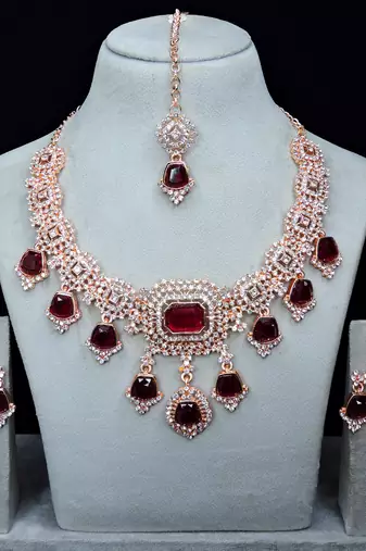 Maroon rose gold premium designer american diamond and stone work necklace set