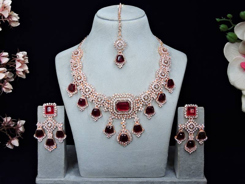 Maroon rose gold premium designer american diamond and stone work necklace set