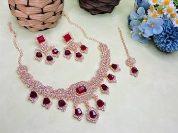 Maroon rose gold premium designer american diamond and stone work necklace set 2
