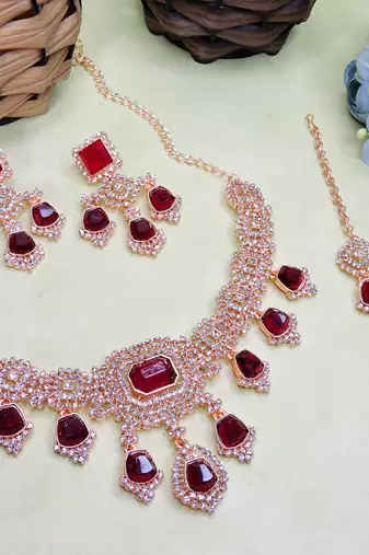 Maroon rose gold premium designer american diamond and stone work necklace set