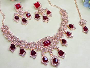 Maroon rose gold premium designer american diamond and stone work necklace set 3