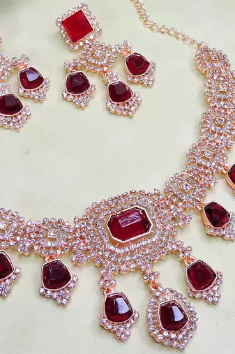 Maroon rose gold premium designer american diamond and stone work necklace set
