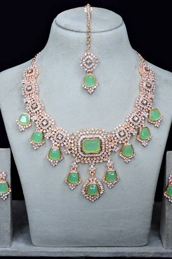 Green rose gold premium designer american diamond and stone work necklace set
