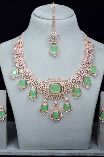 Green rose gold premium designer american diamond and stone work necklace set