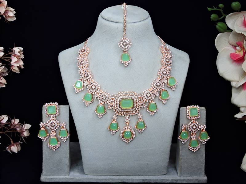 Green rose gold premium designer american diamond and stone work necklace set