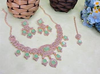 Green rose gold premium designer american diamond and stone work necklace set 2